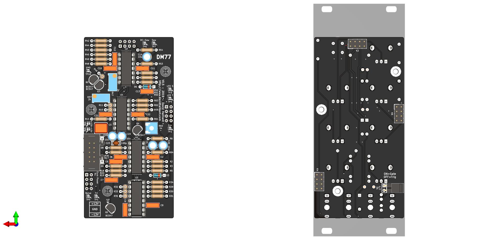 Rear PCB on the left, Front PCB mounted on the front panel on the right