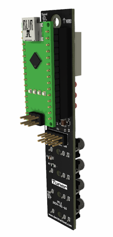 3D render of Tuner's PCB, showing the rear of the module, with the Arduino Nano