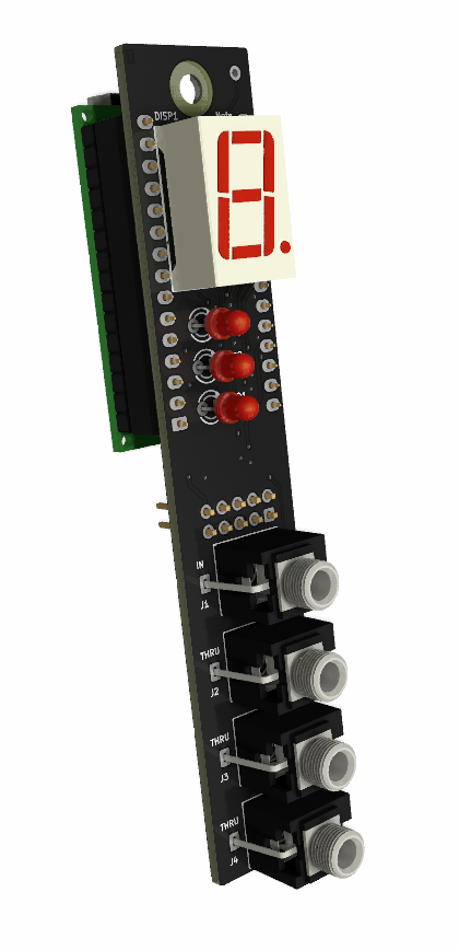 3D render of Tuner's PCB showing the 7-segment display, the 3 LEDs and the 4 jack sockets